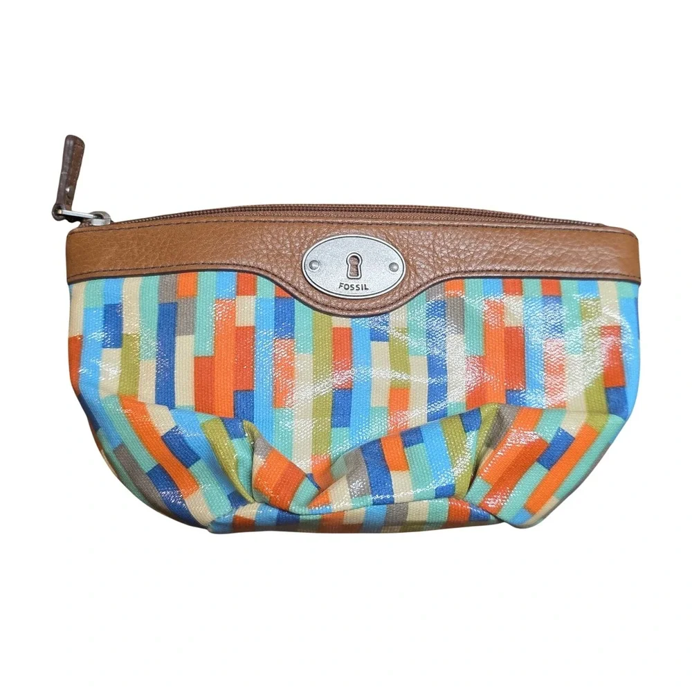 Fossil Key-Per Multi-Color Geometric Coated Canvas Pouch with Leather Trim